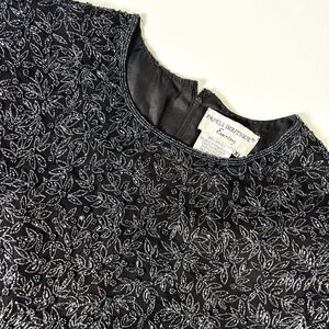 Vintage Papell Boutique Silk Evening Blouse Womens XL Black Fully Beaded Floral